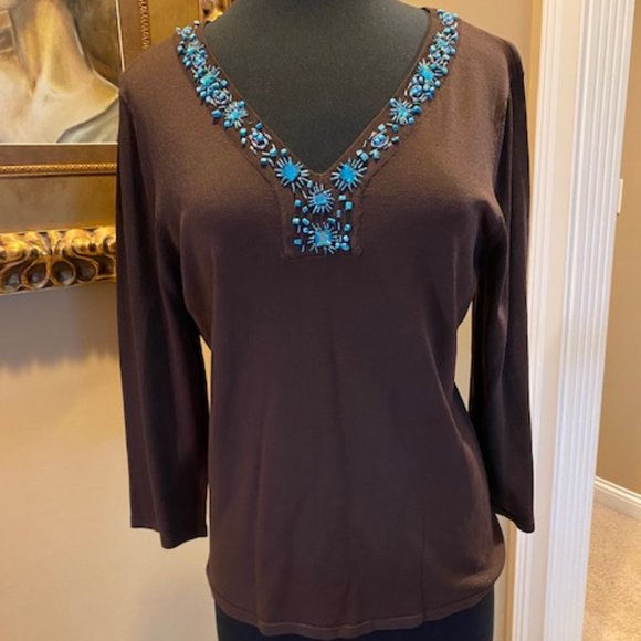 Style & Co. Brown Sweater/Lightweight w/Turquoise Embellishment SZ XL - Picture 2 of 7